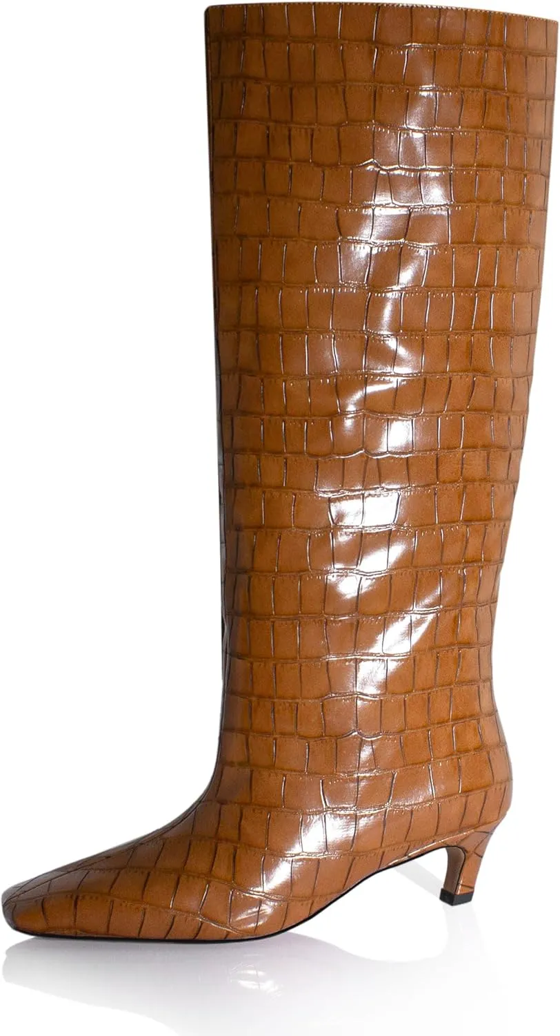 iadore Women's Western Knight Boots, Vegan Leather Crocodile Printed Square Toe Kitten Heel Wide Straight Shaft Knee High Boots 2 Inch