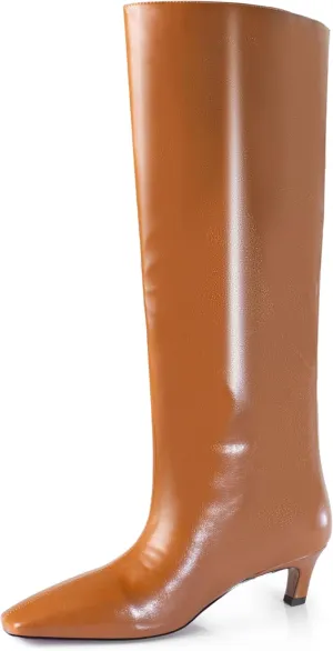 iadore Women's Western Knight Boots, Vegan Leather Crocodile Printed Square Toe Kitten Heel Wide Straight Shaft Knee High Boots 2 Inch