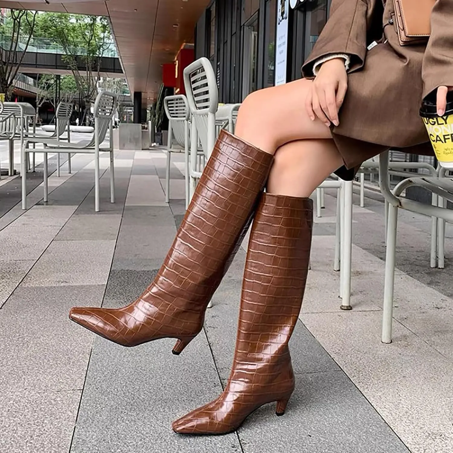iadore Women's Western Knight Boots, Vegan Leather Crocodile Printed Square Toe Kitten Heel Wide Straight Shaft Knee High Boots 2 Inch
