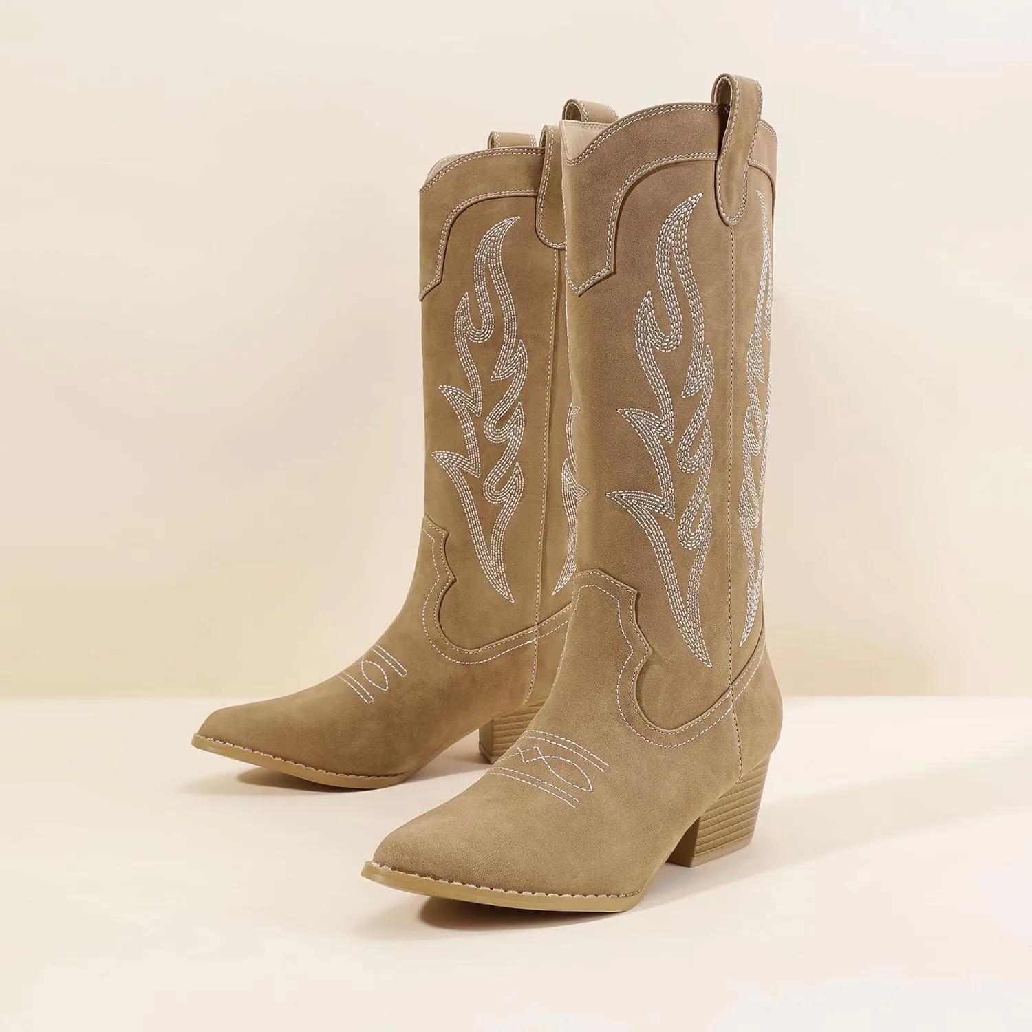 IDIFU IN2 Cowboy Boots for Women Mid Calf Cowgirl Boots Embroidered Western Boots Chunky Low Heel Pointed Toe Country Boots Cute Fashion Booties for Women Dress Wedding Heeled Boots
