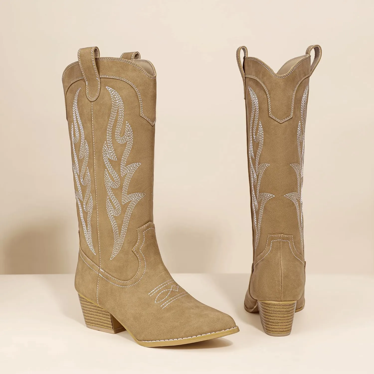 IDIFU IN2 Cowboy Boots for Women Mid Calf Cowgirl Boots Embroidered Western Boots Chunky Low Heel Pointed Toe Country Boots Cute Fashion Booties for Women Dress Wedding Heeled Boots