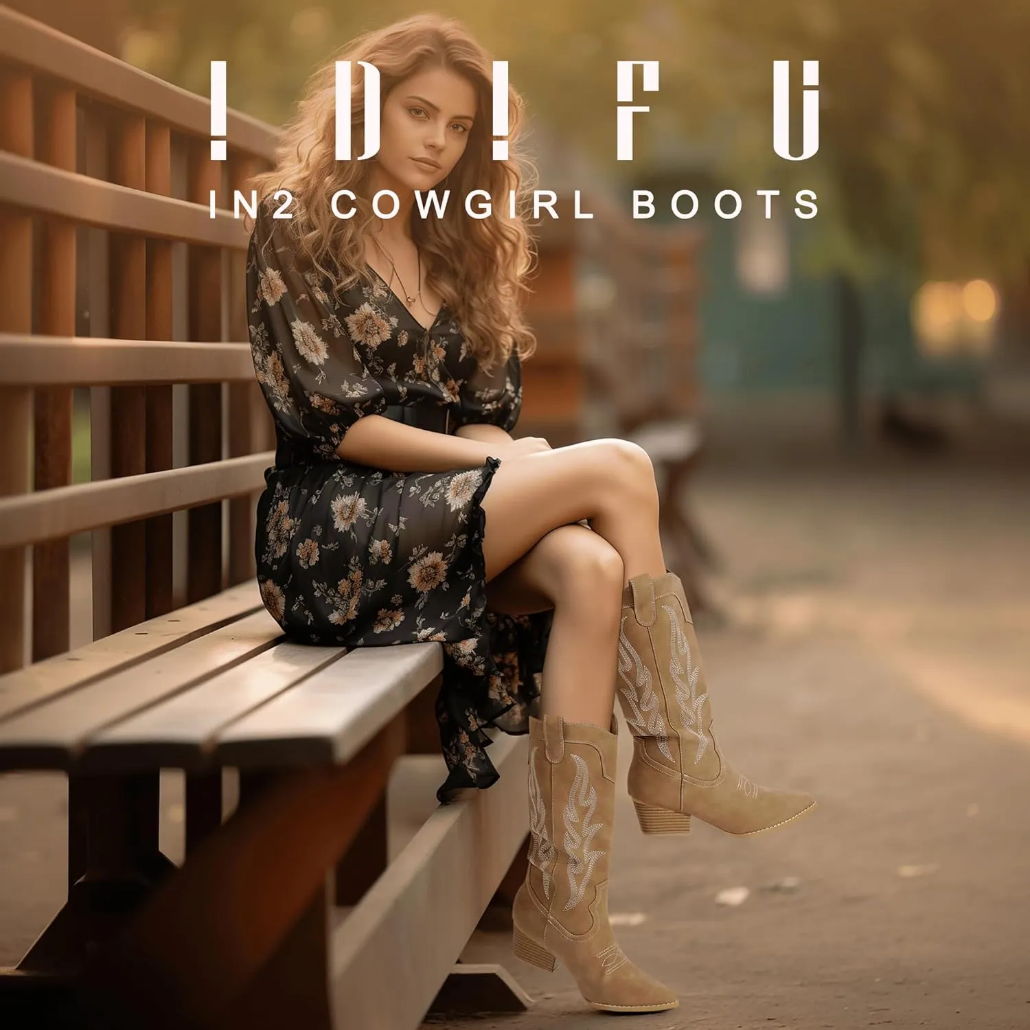 IDIFU IN2 Cowboy Boots for Women Mid Calf Cowgirl Boots Embroidered Western Boots Chunky Low Heel Pointed Toe Country Boots Cute Fashion Booties for Women Dress Wedding Heeled Boots