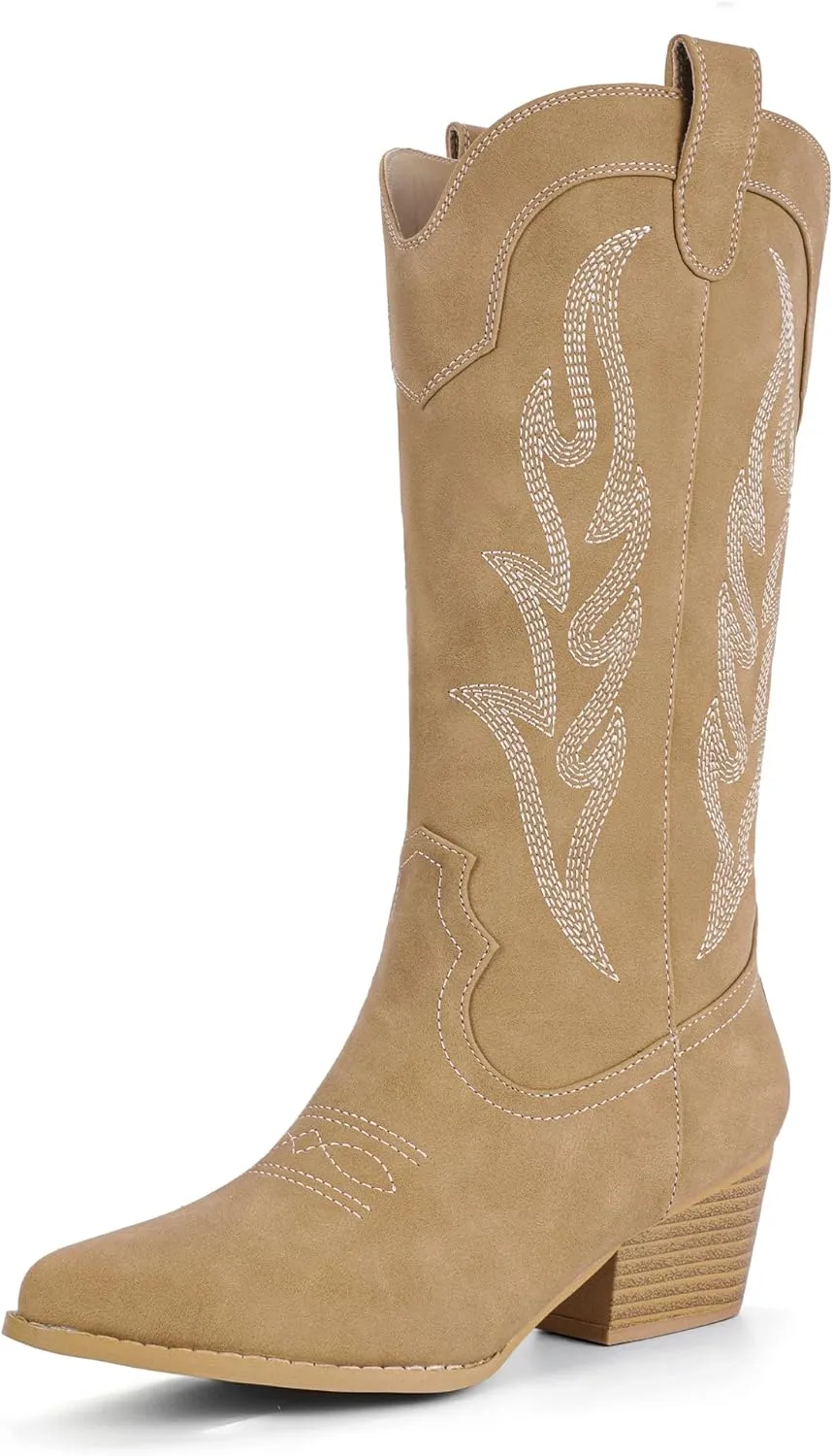 IDIFU IN2 Cowboy Boots for Women Mid Calf Cowgirl Boots Embroidered Western Boots Chunky Low Heel Pointed Toe Country Boots Cute Fashion Booties for Women Dress Wedding Heeled Boots
