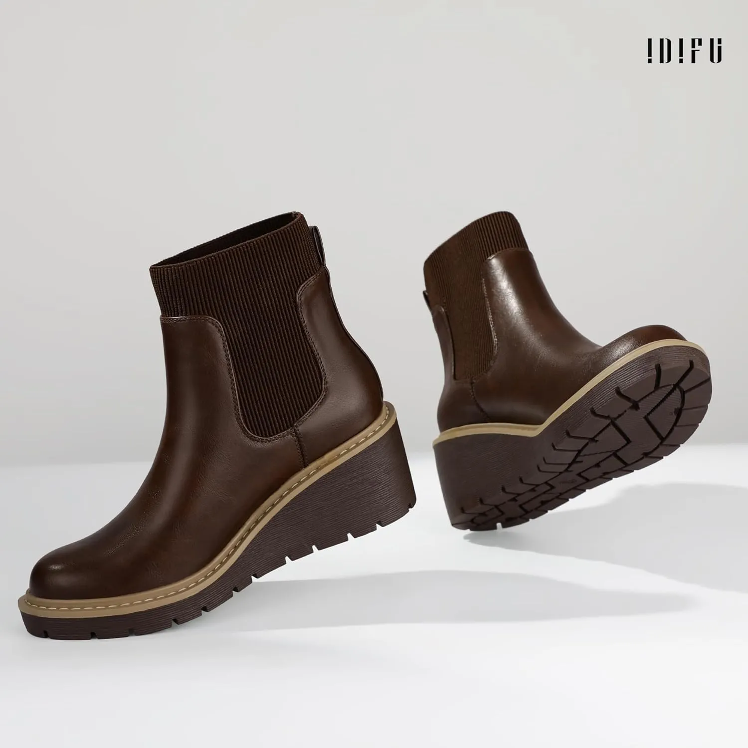IDIFU IN3 Platform Chelsea Boots for Women Low Short Wedges Ankle Boots Lug Sole Trendy Fashion Comfortable Fall Dress Booties Slip On Elastic Casual Work Daily Round Toe Ladies Boots