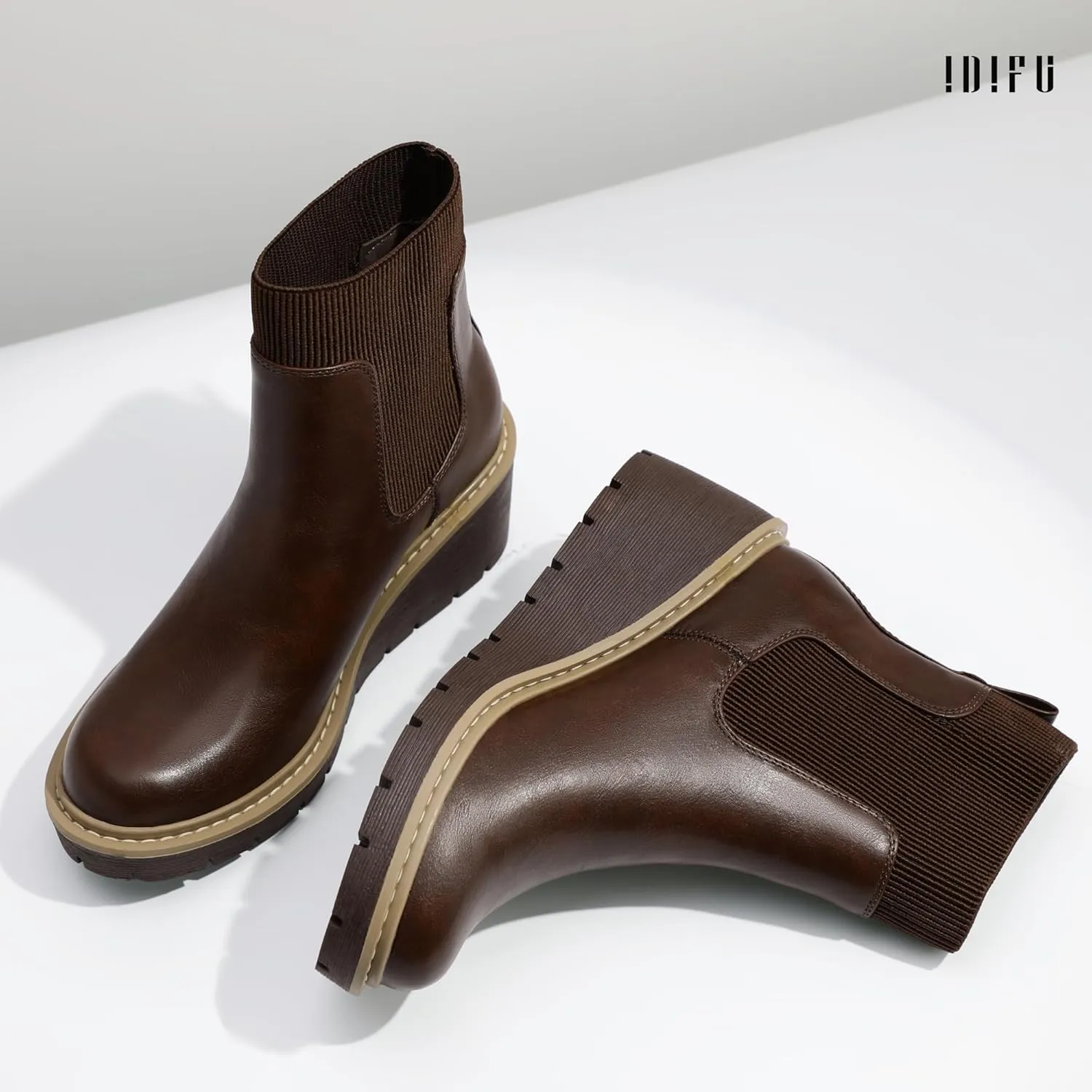 IDIFU IN3 Platform Chelsea Boots for Women Low Short Wedges Ankle Boots Lug Sole Trendy Fashion Comfortable Fall Dress Booties Slip On Elastic Casual Work Daily Round Toe Ladies Boots