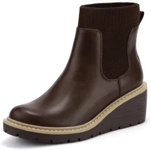 IDIFU IN3 Platform Chelsea Boots for Women Low Short Wedges Ankle Boots Lug Sole Trendy Fashion Comfortable Fall Dress Booties Slip On Elastic Casual Work Daily Round Toe Ladies Boots