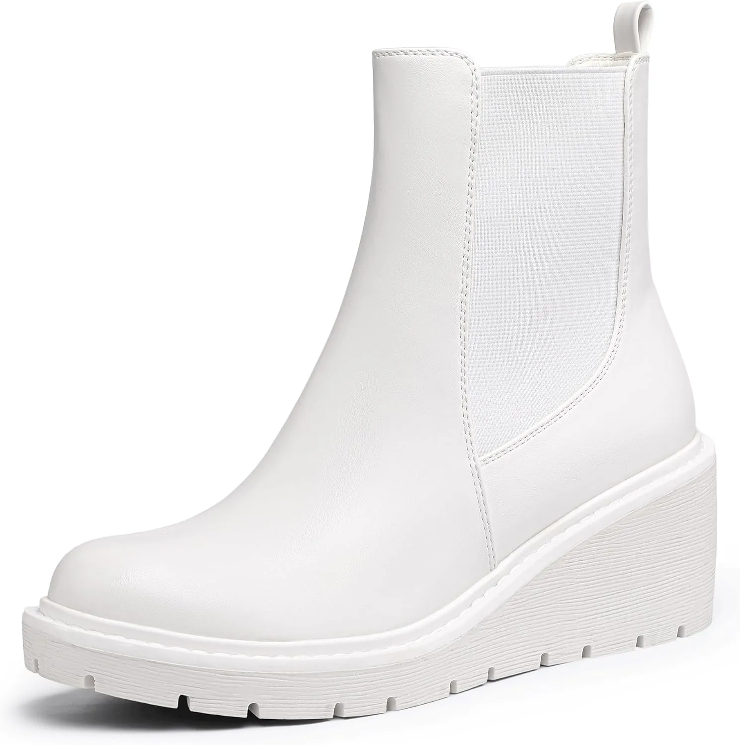IDIFU IN3 Wedge Chelsea Boots for Women Platform Low Heel Womens Boots Short Lug Sole Round Toe Ankle Boots Fall Dress Fashion Booties Pull On Cute Elastic Heeled Boots