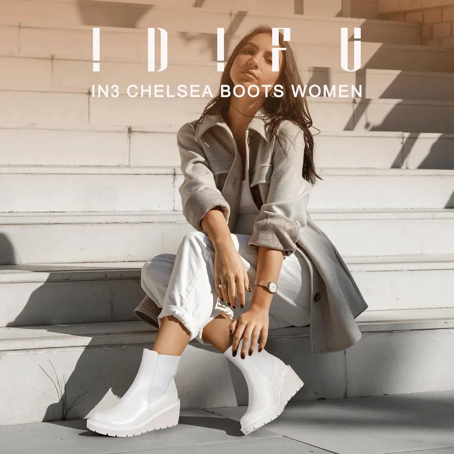 IDIFU IN3 Wedge Chelsea Boots for Women Platform Low Heel Womens Boots Short Lug Sole Round Toe Ankle Boots Fall Dress Fashion Booties Pull On Cute Elastic Heeled Boots