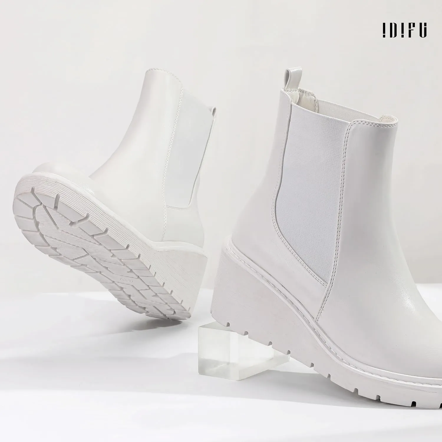 IDIFU IN3 Wedge Chelsea Boots for Women Platform Low Heel Womens Boots Short Lug Sole Round Toe Ankle Boots Fall Dress Fashion Booties Pull On Cute Elastic Heeled Boots