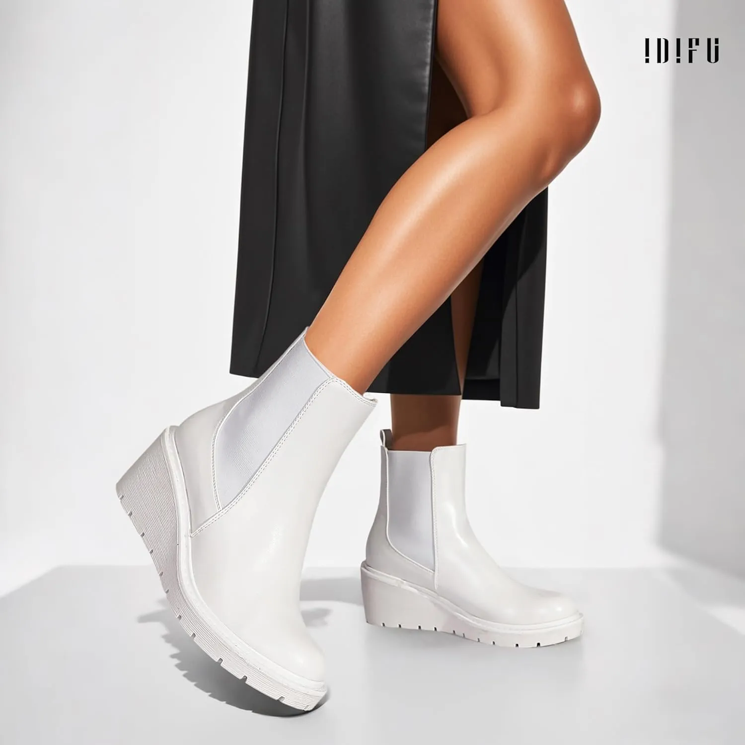 IDIFU IN3 Wedge Chelsea Boots for Women Platform Low Heel Womens Boots Short Lug Sole Round Toe Ankle Boots Fall Dress Fashion Booties Pull On Cute Elastic Heeled Boots