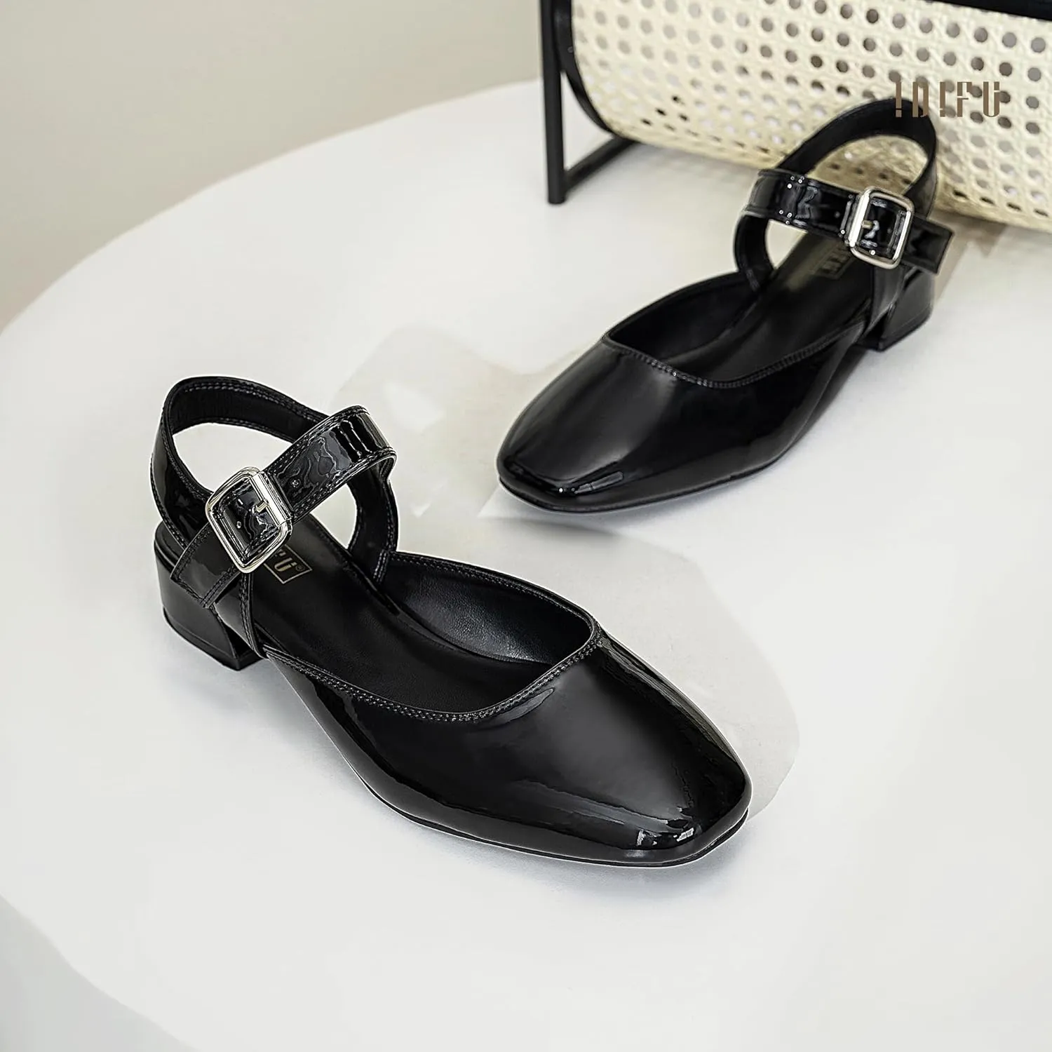 IDIFU Slingback Flats for Women Mary Jane Ballet Flats Square Toe Low Heel Ankle Strap Dress Shoes for Women Comfortable Wedding Bridal Work Office Trendy Dressy Casual Flats Shoes