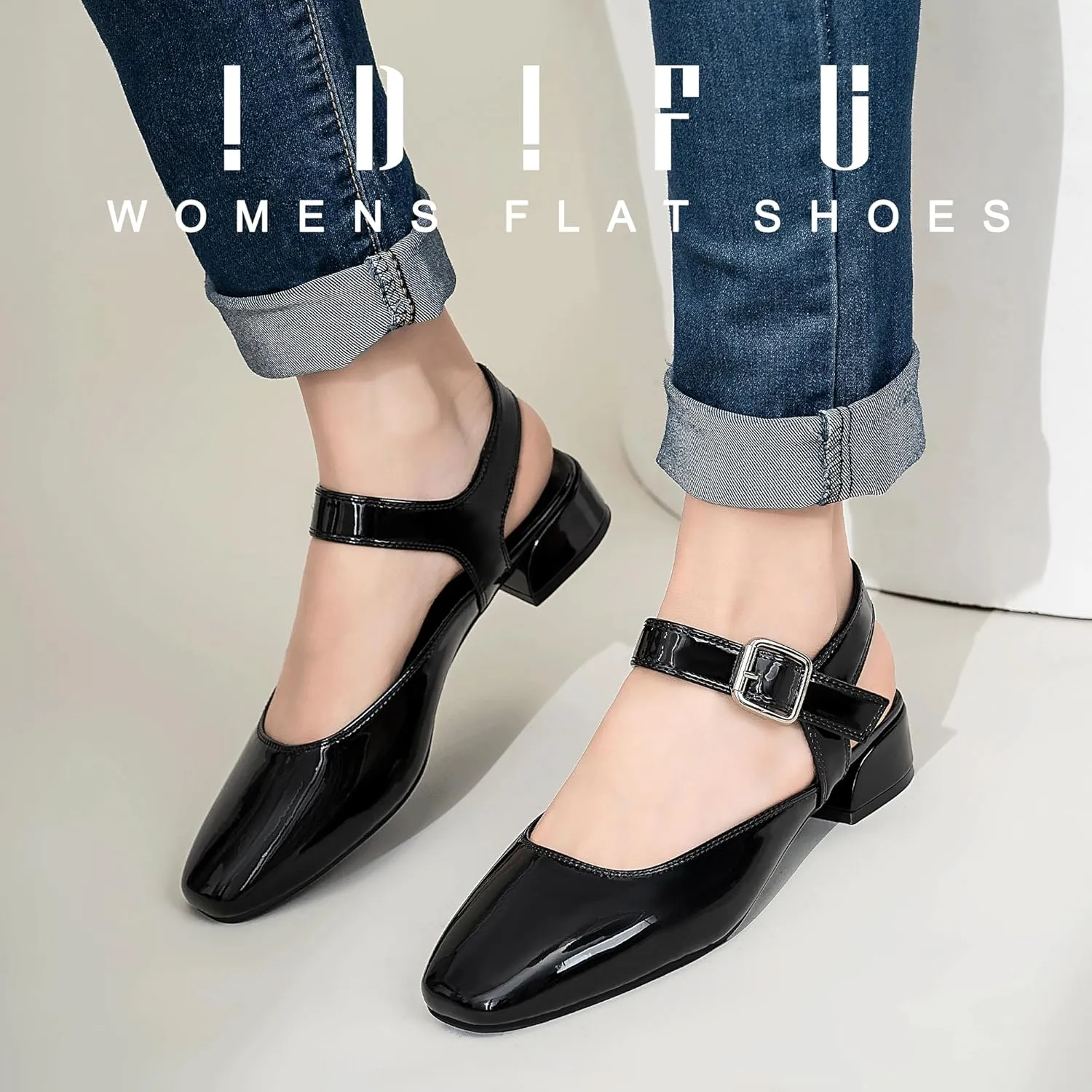 IDIFU Slingback Flats for Women Mary Jane Ballet Flats Square Toe Low Heel Ankle Strap Dress Shoes for Women Comfortable Wedding Bridal Work Office Trendy Dressy Casual Flats Shoes