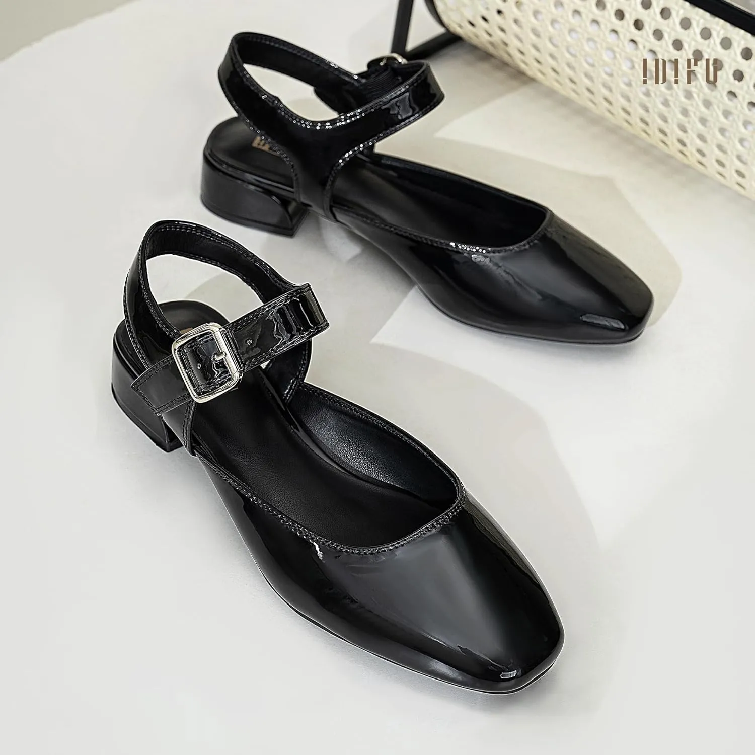 IDIFU Slingback Flats for Women Mary Jane Ballet Flats Square Toe Low Heel Ankle Strap Dress Shoes for Women Comfortable Wedding Bridal Work Office Trendy Dressy Casual Flats Shoes