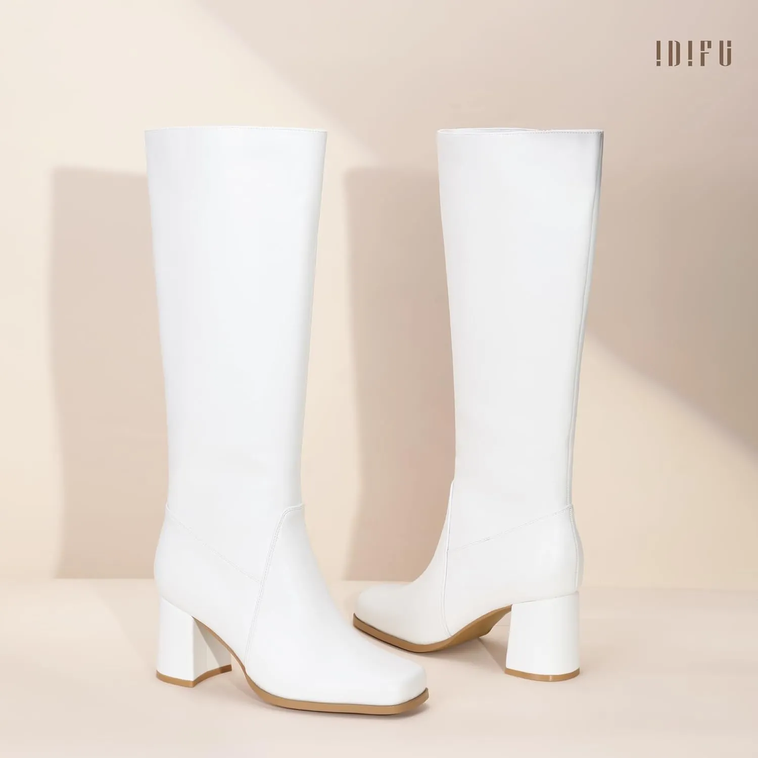 IDIFU Women's IN3 Knee High Boots Square Toe Gogo Tall Boots Low Short Chunky Block Heel Long Fall Boots Side Zipper for Women Ladies Dressy Comfortable Fashion Modern Pull On Small Heeled Boots