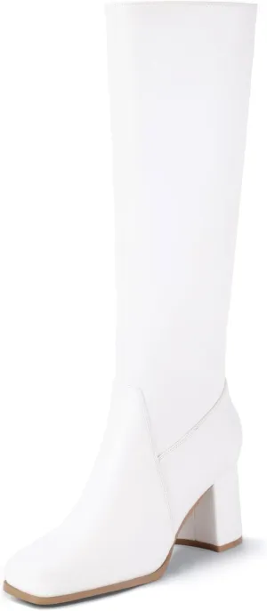 IDIFU Women's IN3 Knee High Boots Square Toe Gogo Tall Boots Low Short Chunky Block Heel Long Fall Boots Side Zipper for Women Ladies Dressy Comfortable Fashion Modern Pull On Small Heeled Boots
