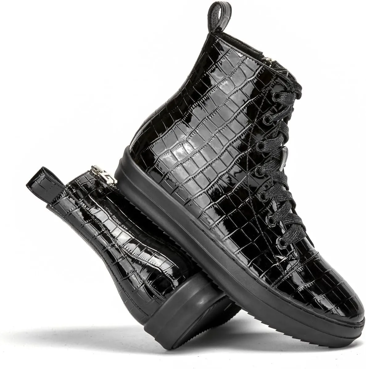 IMPREMEY Women's High Top Sneakers Lace Up PU Leather Shoes with Thick Soles and Zipper, Fashionable Walking Shoes
