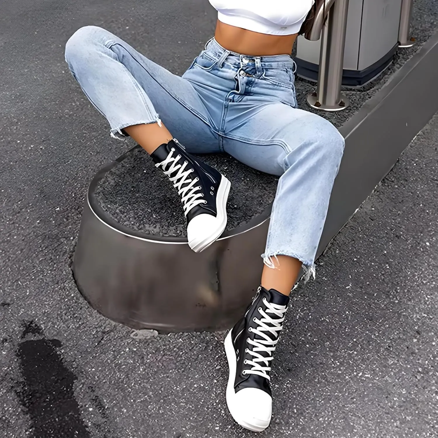 IMPREMEY Women's High Top Sneakers Lace Up PU Leather Shoes with Thick Soles and Zipper, Fashionable Walking Shoes
