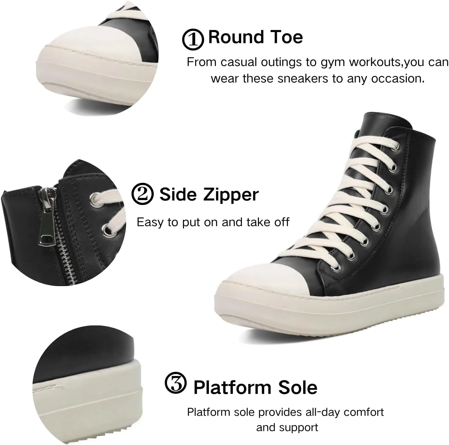 IMPREMEY Women's High Top Sneakers Lace Up PU Leather Shoes with Thick Soles and Zipper, Fashionable Walking Shoes