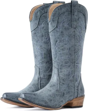 IUV Cowboy Boots for Women Mid Calf Fashion Cowgirl Boots with Embroidery Western Snip Toe
