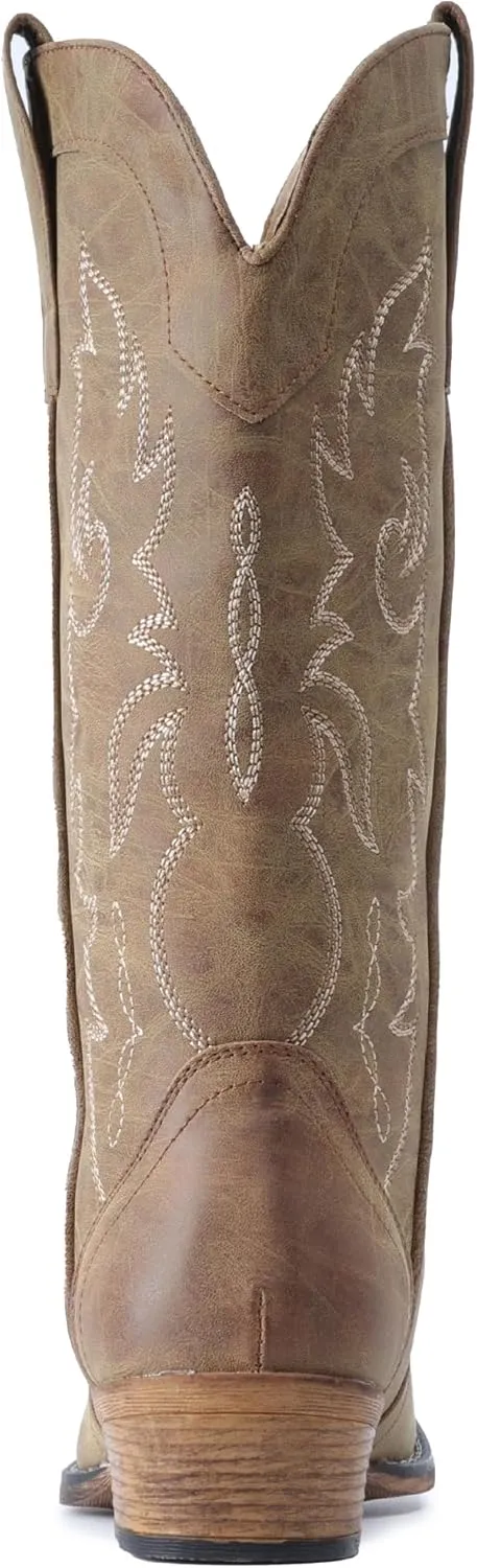IUV Cowboy Boots for Women Mid Calf Fashion Cowgirl Boots with Embroidery Western Snip Toe