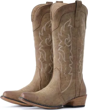 IUV Cowboy Boots for Women Mid Calf Fashion Cowgirl Boots with Embroidery Western Snip Toe