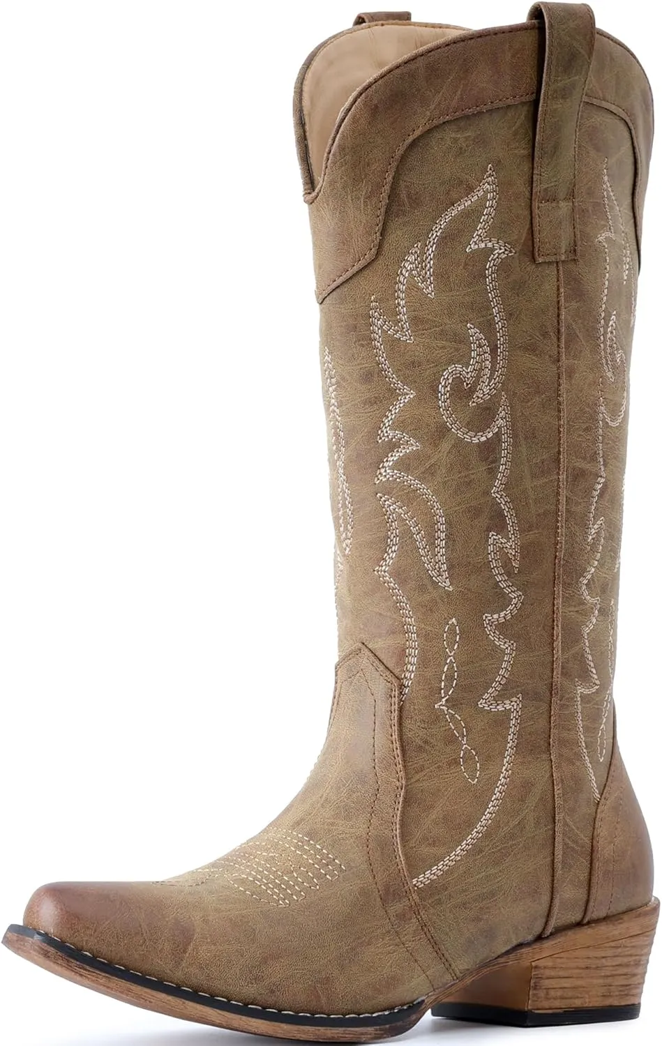 IUV Cowboy Boots for Women Mid Calf Fashion Cowgirl Boots with Embroidery Western Snip Toe