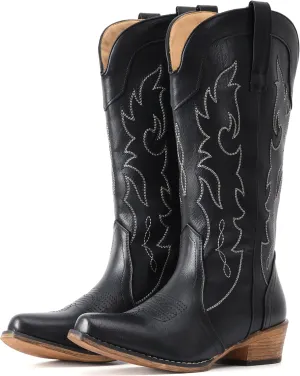 IUV Cowboy Boots for Women Mid Calf Fashion Cowgirl Boots with Embroidery Western Snip Toe