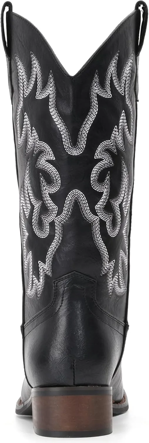 IUV Cowboy Boots For Women Square Toe Cowgirl Boots Mid Calf Western Boots Pull On Fashion Cowboy Boots