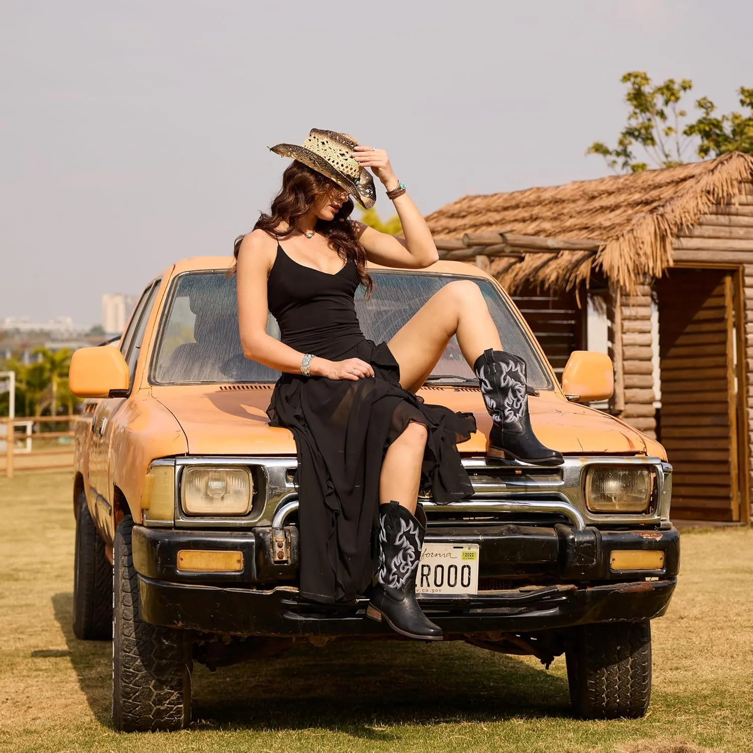 IUV Cowboy Boots For Women Square Toe Cowgirl Boots Mid Calf Western Boots Pull On Fashion Cowboy Boots