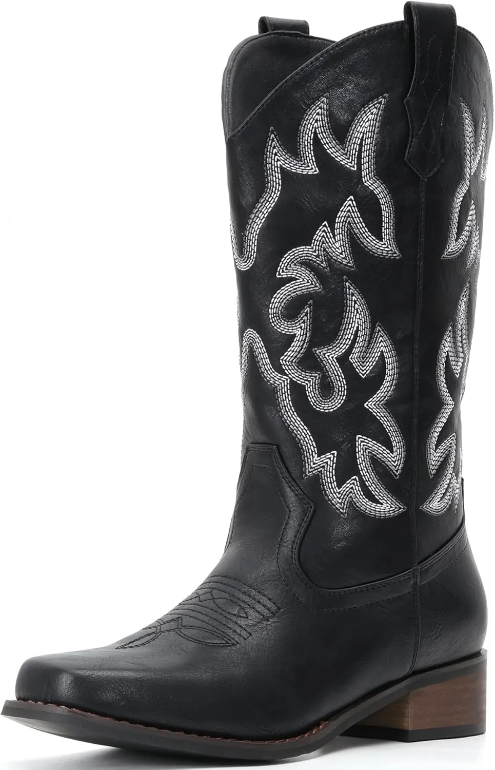 IUV Cowboy Boots For Women Square Toe Cowgirl Boots Mid Calf Western Boots Pull On Fashion Cowboy Boots