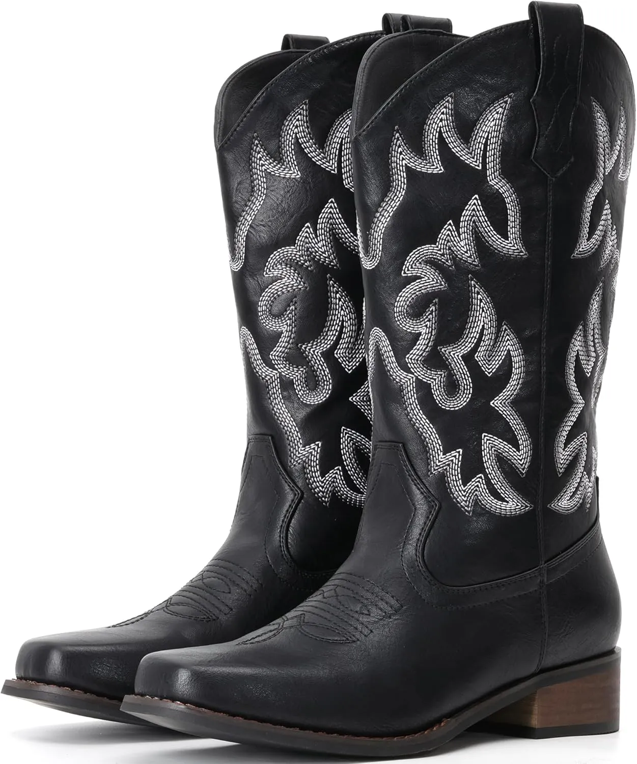 IUV Cowboy Boots For Women Square Toe Cowgirl Boots Mid Calf Western Boots Pull On Fashion Cowboy Boots