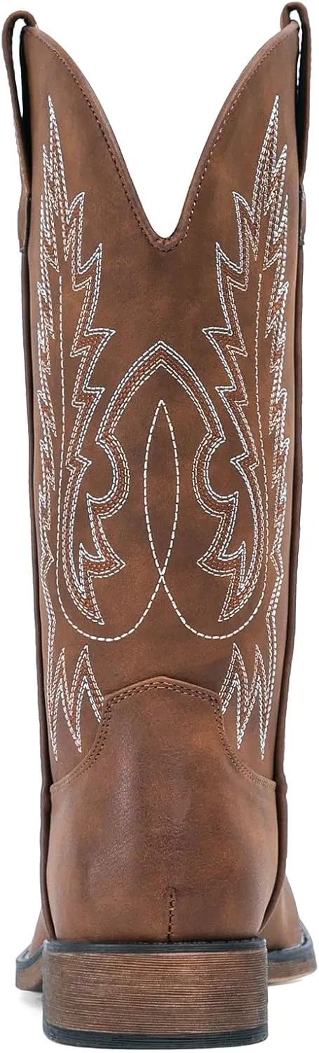 IUV Cowboy Boots For Women Square Toe Western Boots Mid Calf Cowgirl Boots Pull On Embroidered Brown Cowboy Boots