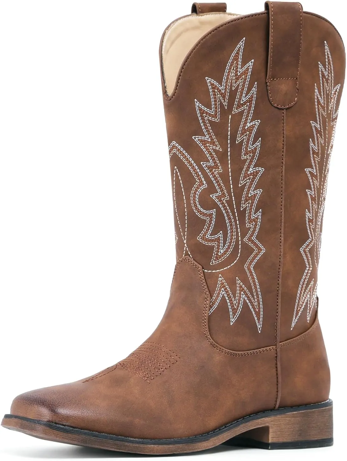 IUV Cowboy Boots For Women Square Toe Western Boots Mid Calf Cowgirl Boots Pull On Embroidered Brown Cowboy Boots