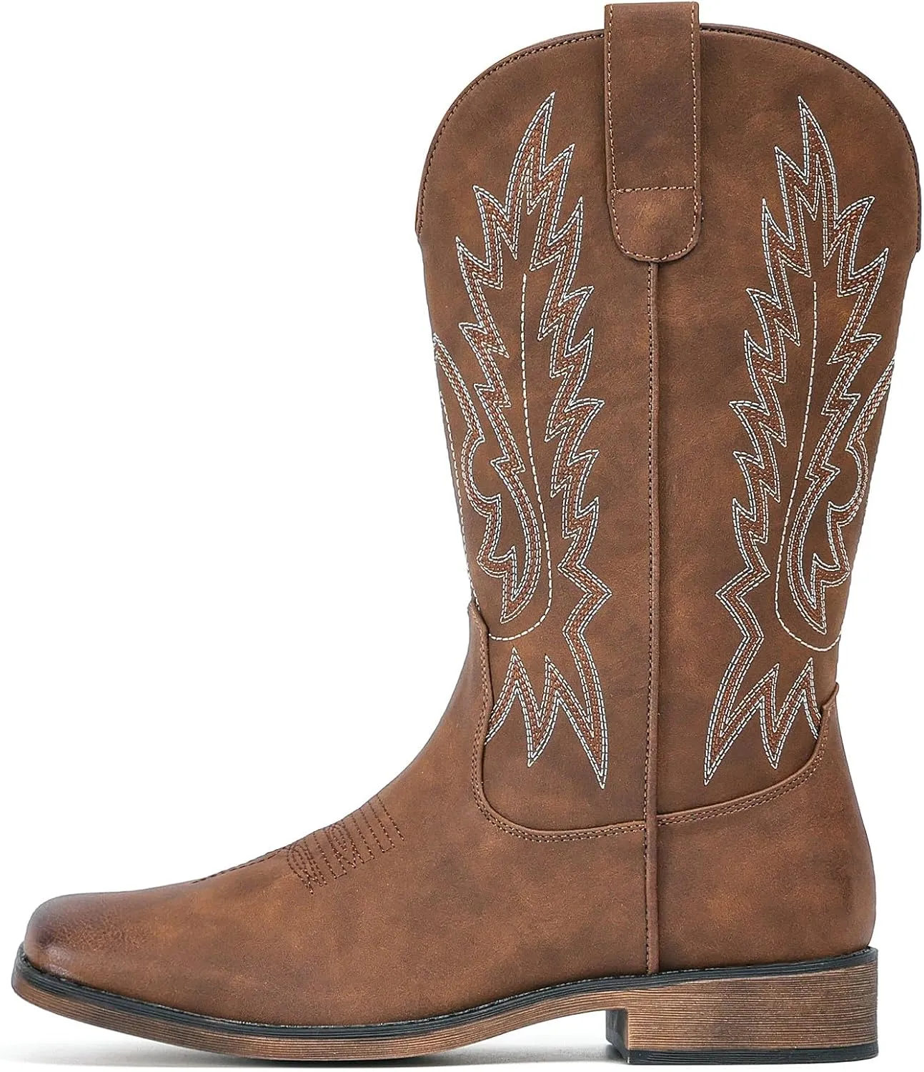 IUV Cowboy Boots For Women Square Toe Western Boots Mid Calf Cowgirl Boots Pull On Embroidered Brown Cowboy Boots