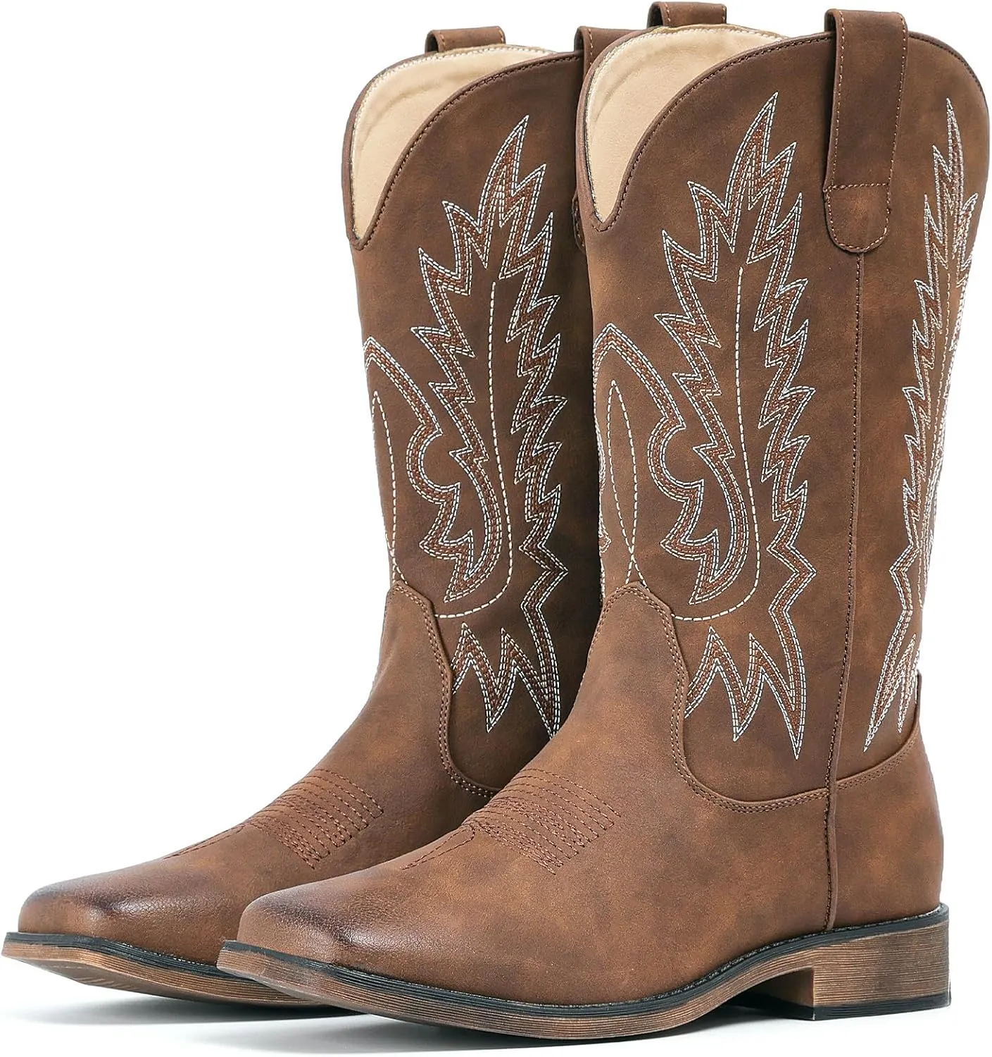 IUV Cowboy Boots For Women Square Toe Western Boots Mid Calf Cowgirl Boots Pull On Embroidered Brown Cowboy Boots