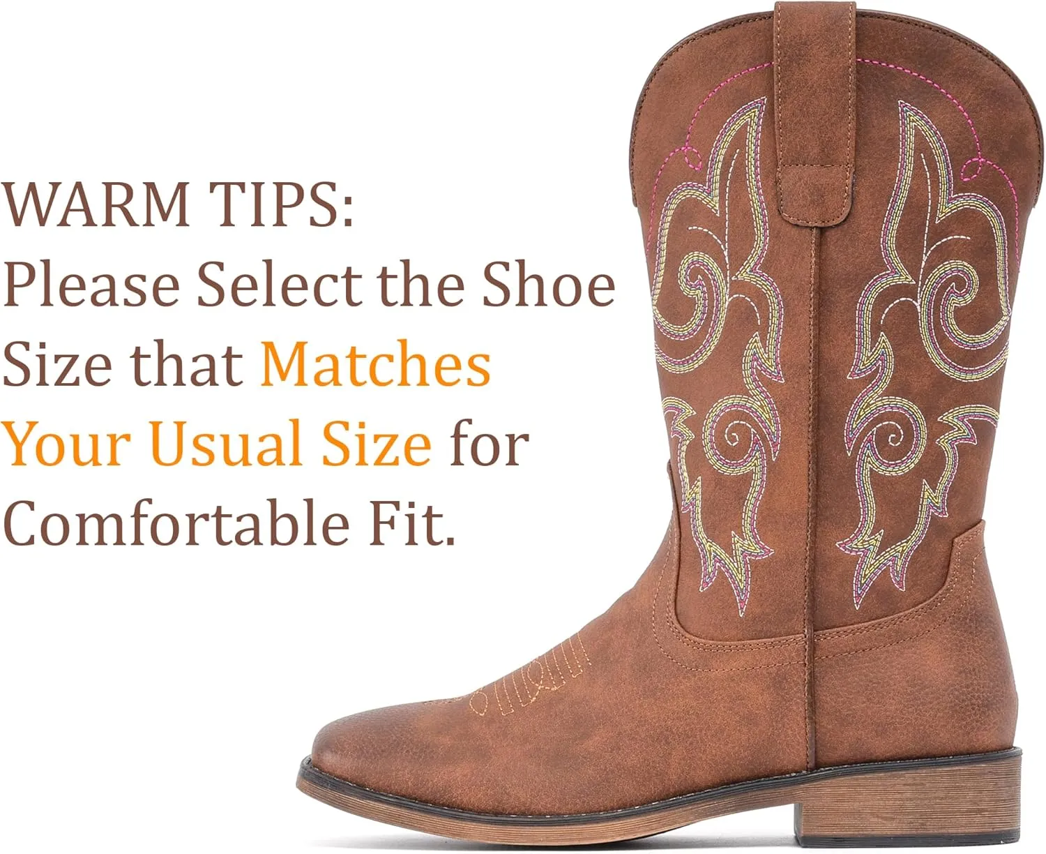 IUV Cowboy Boots For Women Square Toe Western Boots Mid Calf Cowgirl Boots Pull On Fashion Embroidered Cowboy Boots