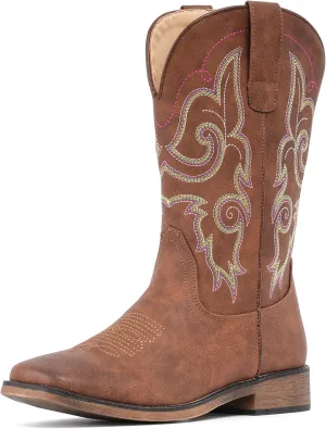 IUV Cowboy Boots For Women Square Toe Western Boots Mid Calf Cowgirl Boots Pull On Fashion Embroidered Cowboy Boots