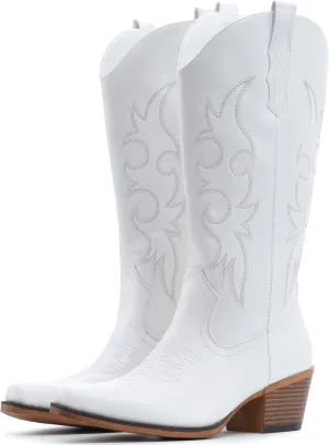 IUV Cowboy Boots For Women Western Cowgirl Boots with Chunky Heel Mid Calf Snip Toe Ideal for low insteps