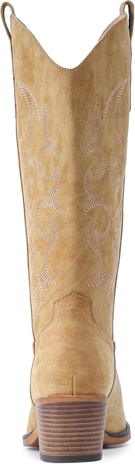 IUV Cowboy Boots For Women Western Cowgirl Boots with Chunky Heel Mid Calf Snip Toe Ideal for low insteps