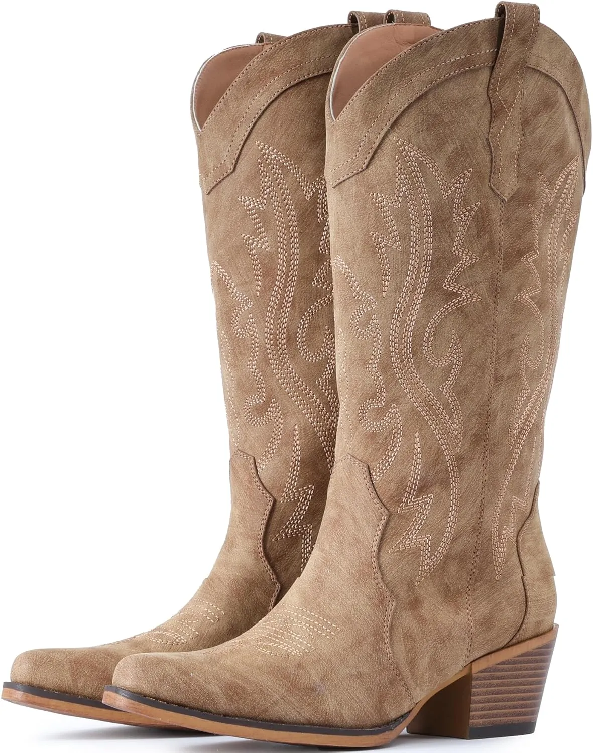 IUV Cowboy Boots For Women Western Cowgirl Boots with Chunky Heel Mid Calf Snip Toe Ideal for low insteps