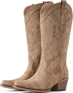 IUV Cowboy Boots For Women Western Cowgirl Boots with Chunky Heel Mid Calf Snip Toe Ideal for low insteps