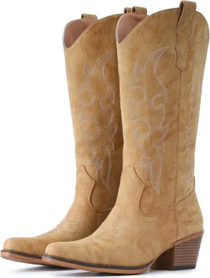 IUV Cowboy Boots For Women Western Cowgirl Boots with Chunky Heel Mid Calf Snip Toe Ideal for low insteps