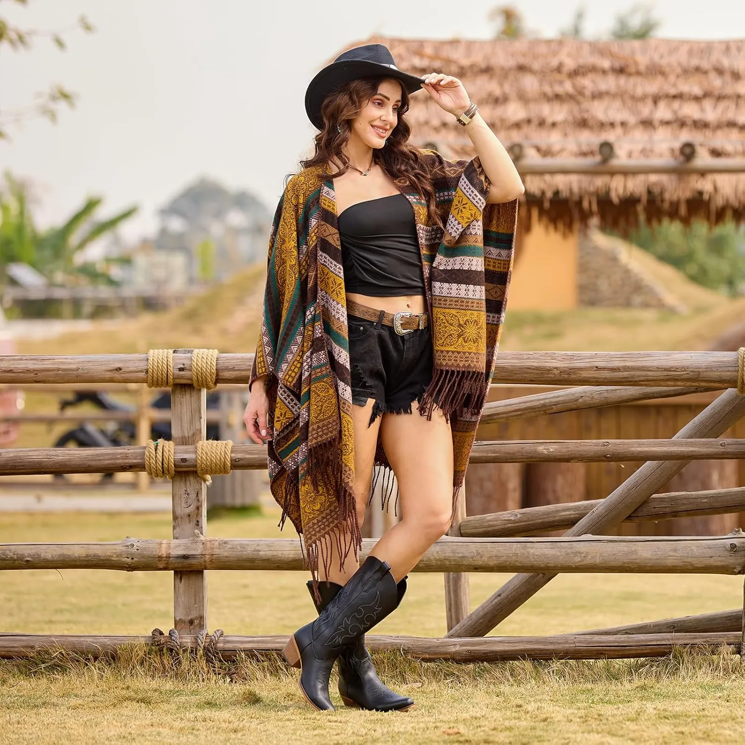 IUV Cowboy Boots For Women Western Cowgirl Boots with Chunky Heel Mid Calf Snip Toe Ideal for low insteps