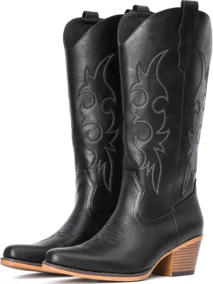 IUV Cowboy Boots For Women Western Cowgirl Boots with Chunky Heel Mid Calf Snip Toe Ideal for low insteps