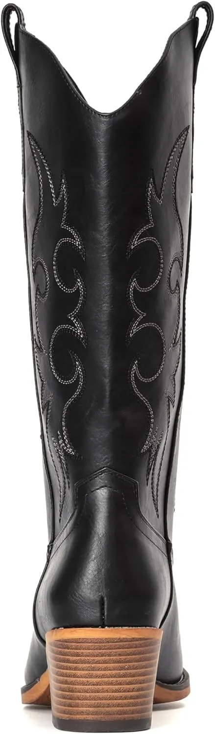 IUV Cowboy Boots For Women Western Cowgirl Boots with Chunky Heel Mid Calf Snip Toe Ideal for low insteps