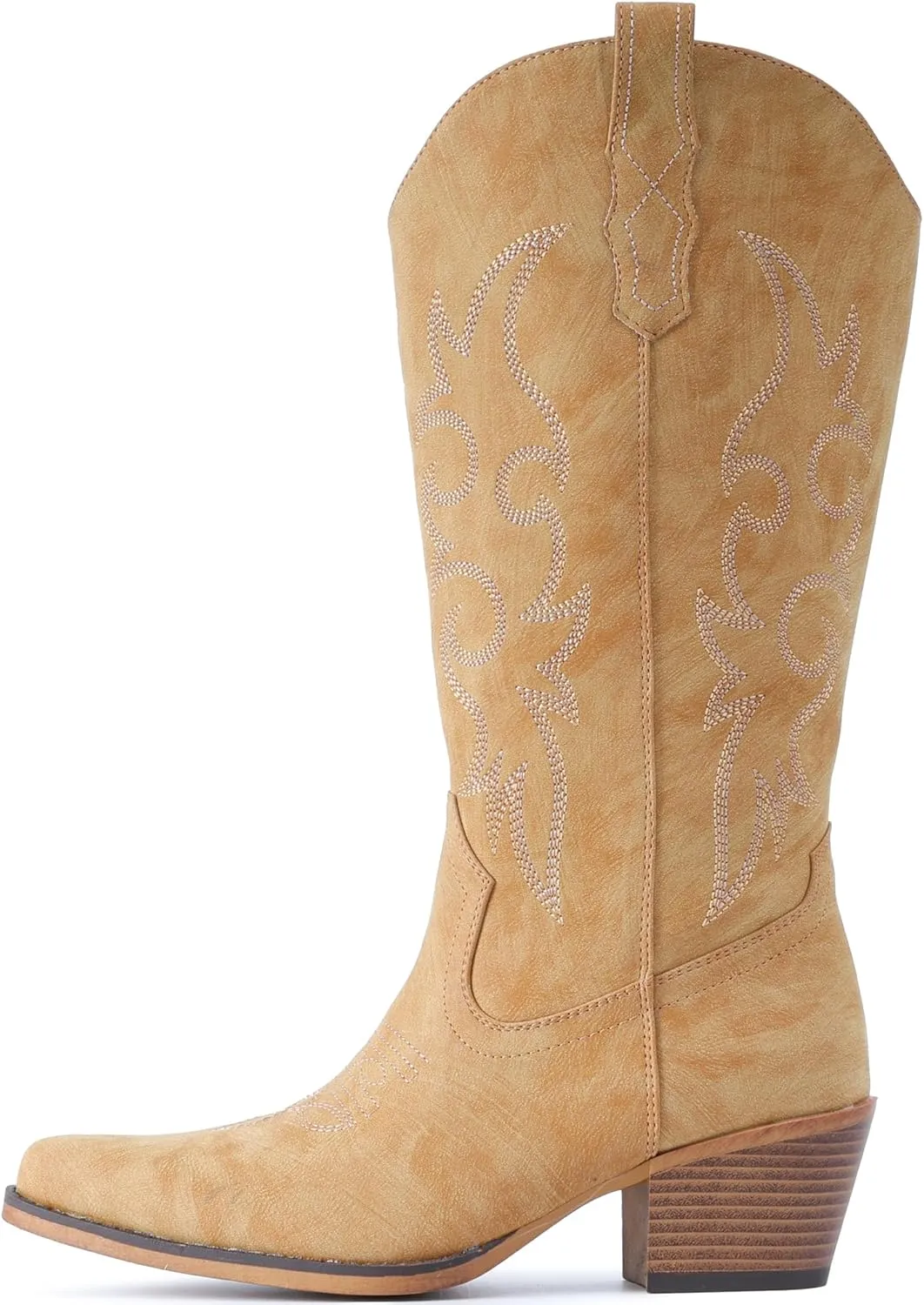 IUV Cowboy Boots For Women Western Cowgirl Boots with Chunky Heel Mid Calf Snip Toe Ideal for low insteps