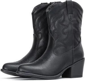 IXU Cowboy Boots for Women Suede Ankle Western Cowgirl Boots Mid Calf Pointed Toe Short Chunky Classic Booties