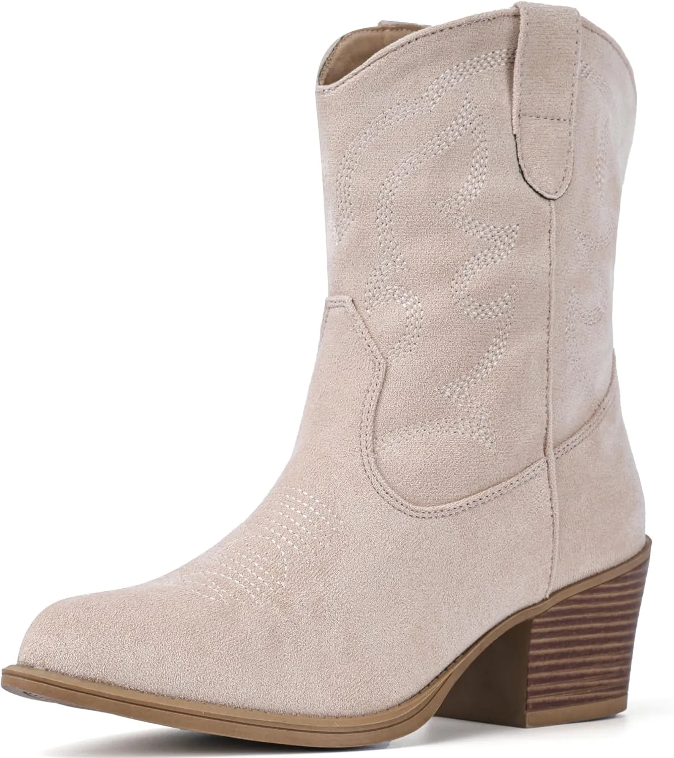 IXU Cowboy Boots for Women Suede Ankle Western Cowgirl Boots Mid Calf Pointed Toe Short Chunky Classic Booties