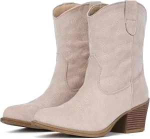 IXU Cowboy Boots for Women Suede Ankle Western Cowgirl Boots Mid Calf Pointed Toe Short Chunky Classic Booties