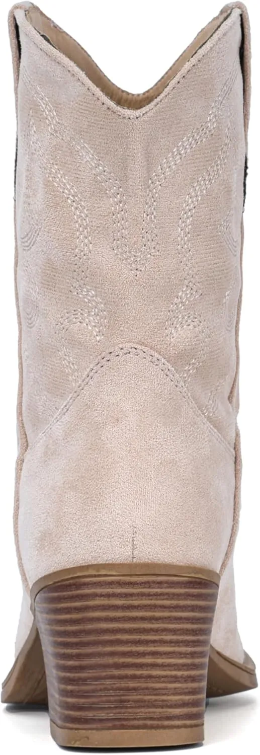 IXU Cowboy Boots for Women Suede Ankle Western Cowgirl Boots Mid Calf Pointed Toe Short Chunky Classic Booties